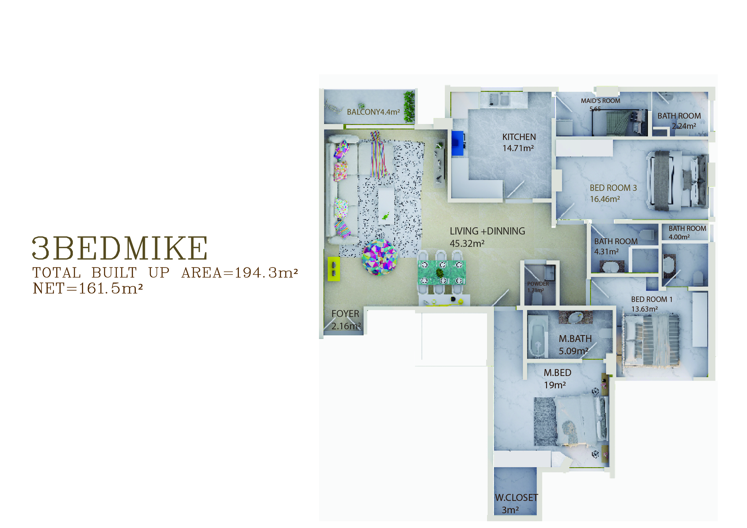 3 Bedroom Floor Plan for The Emerald apartment